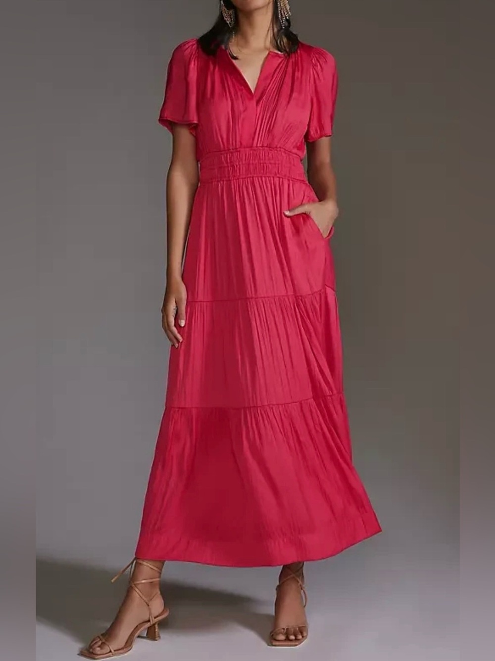 Anthropologie Size XS Pink Lumensilk Satin Smocked Somerset Maxi Dress Boho